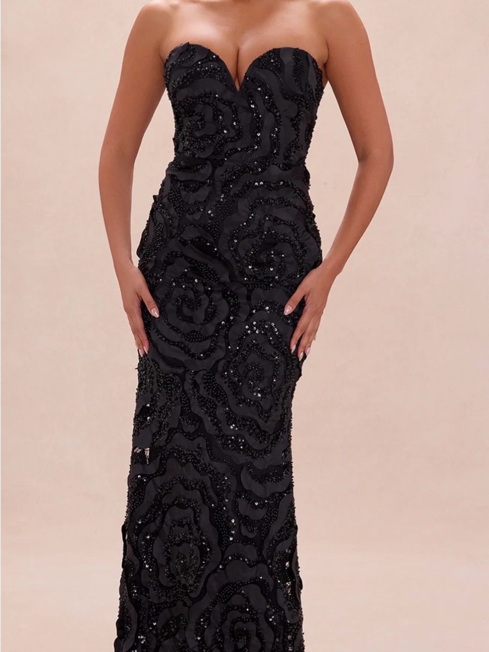 Fashion Nova Strapless Black Sequin Floral Gown